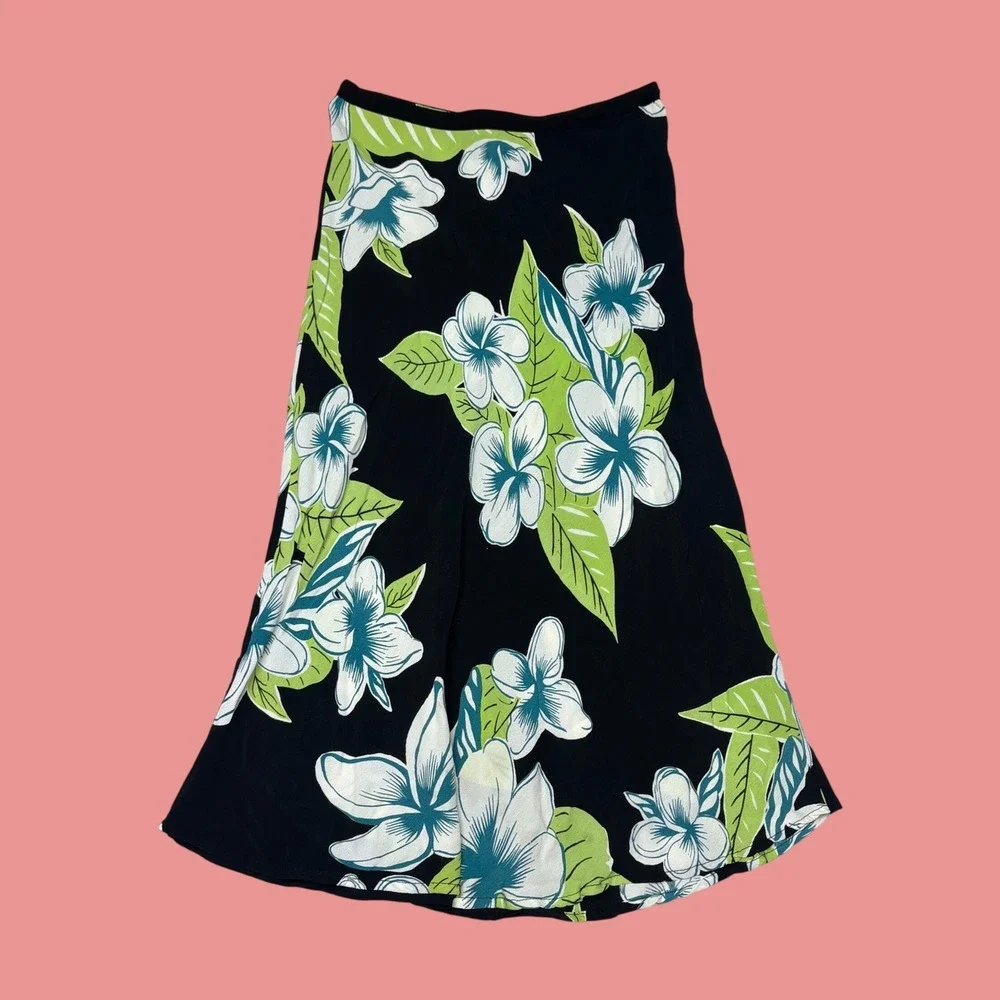 Acorn Floral Midi Skirt Black Tropical Plumeria Rayon Size 2
